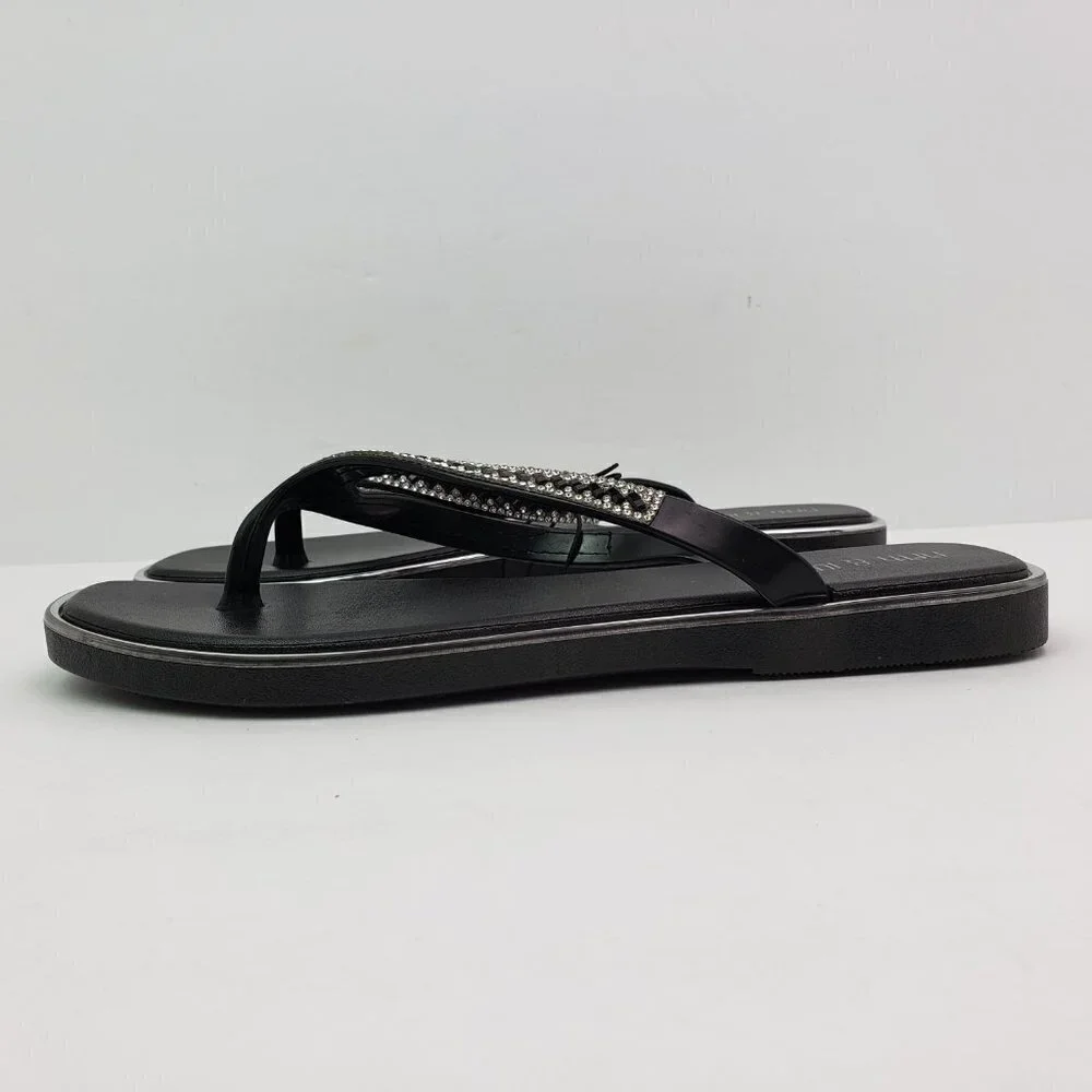Fifth & Luxe Womens Sz 5/6 Black Silver Rhinestone Slip On Fashion Thong Sandals